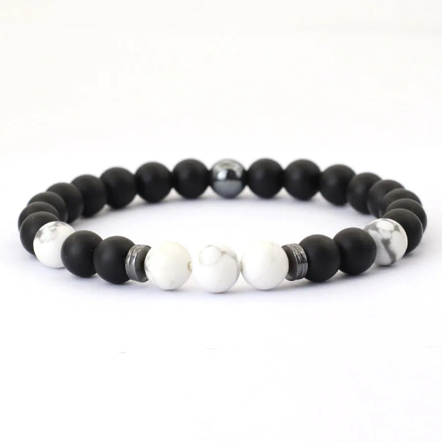 White Howlite, Onyx & Hematite Stone Beaded Bracelet