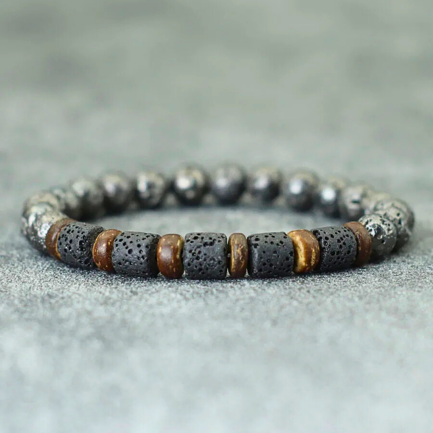 Coconut & Dark Silver Lava Beaded Bracelet