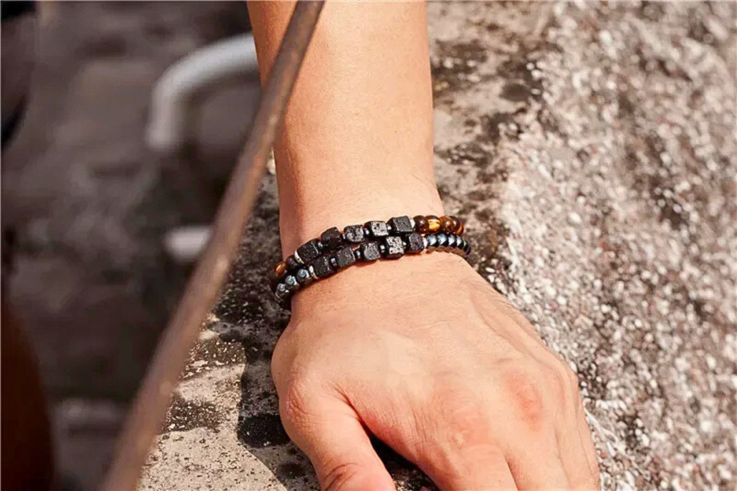 Lava Cubes, Hematite & Tiger Eyes Stone Bracelet