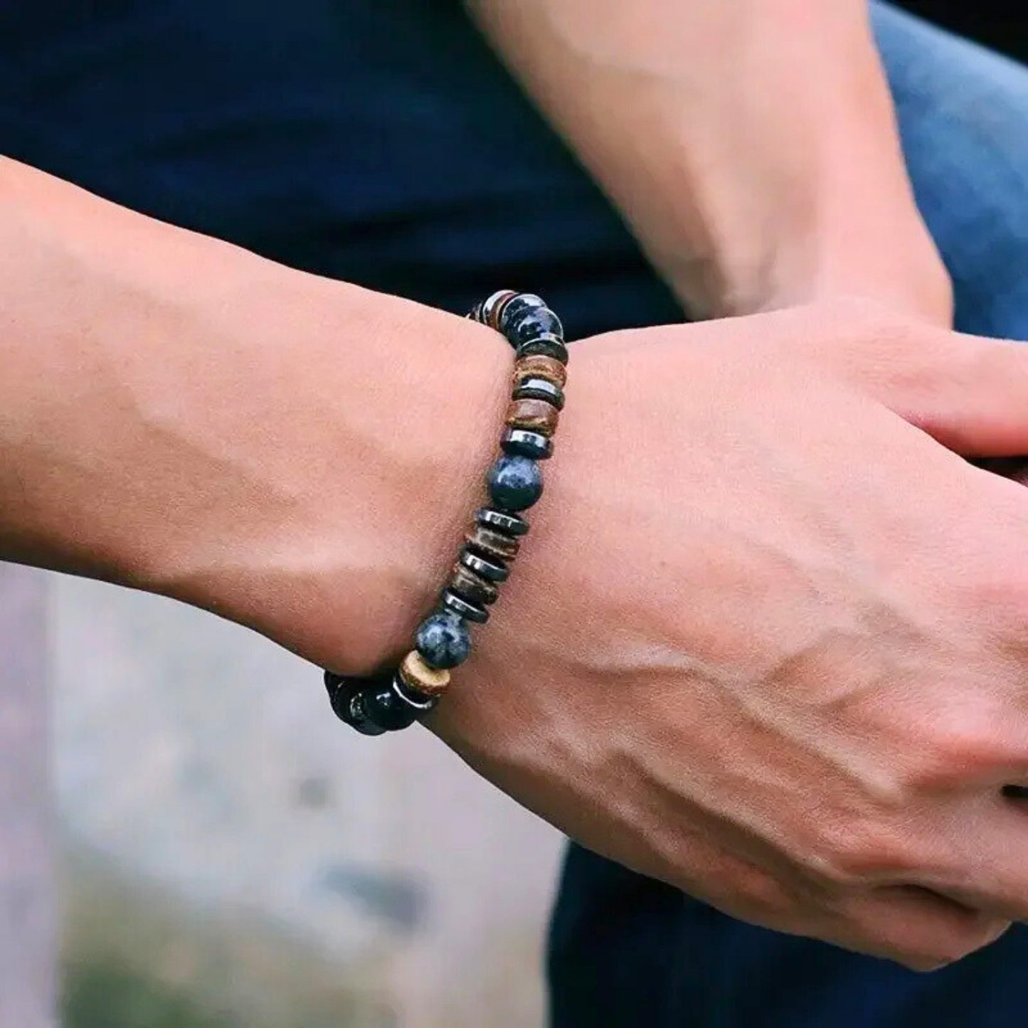 Onyx, Hematite & Wooden Handmade Bracelet