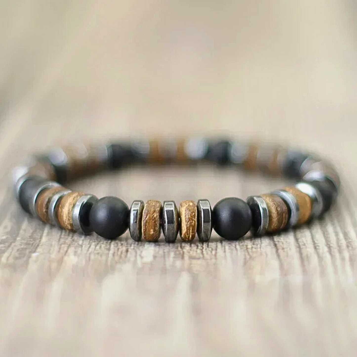 Onyx, Hematite & Wooden Handmade Bracelet