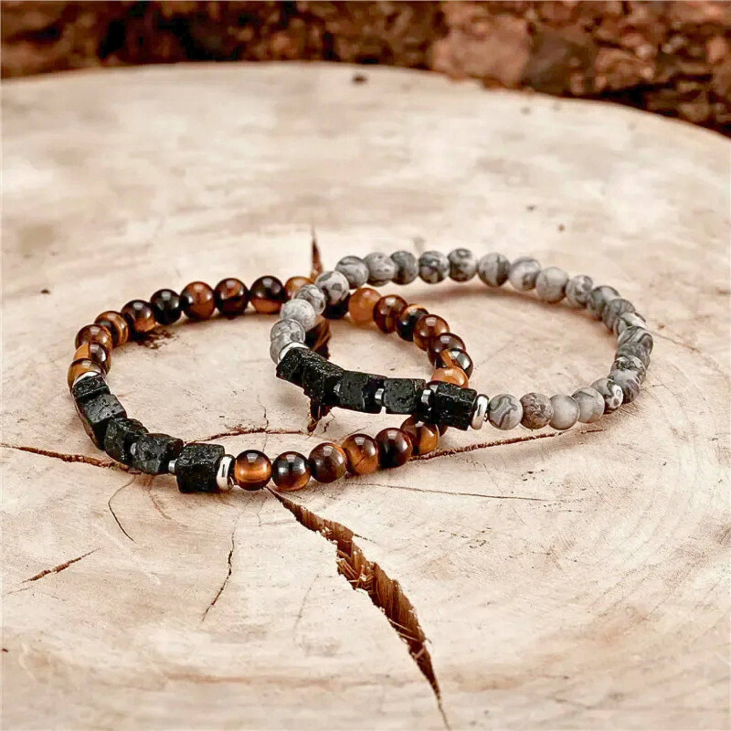Lava Cubes, Hematite & Black Flash Stone Bracelet