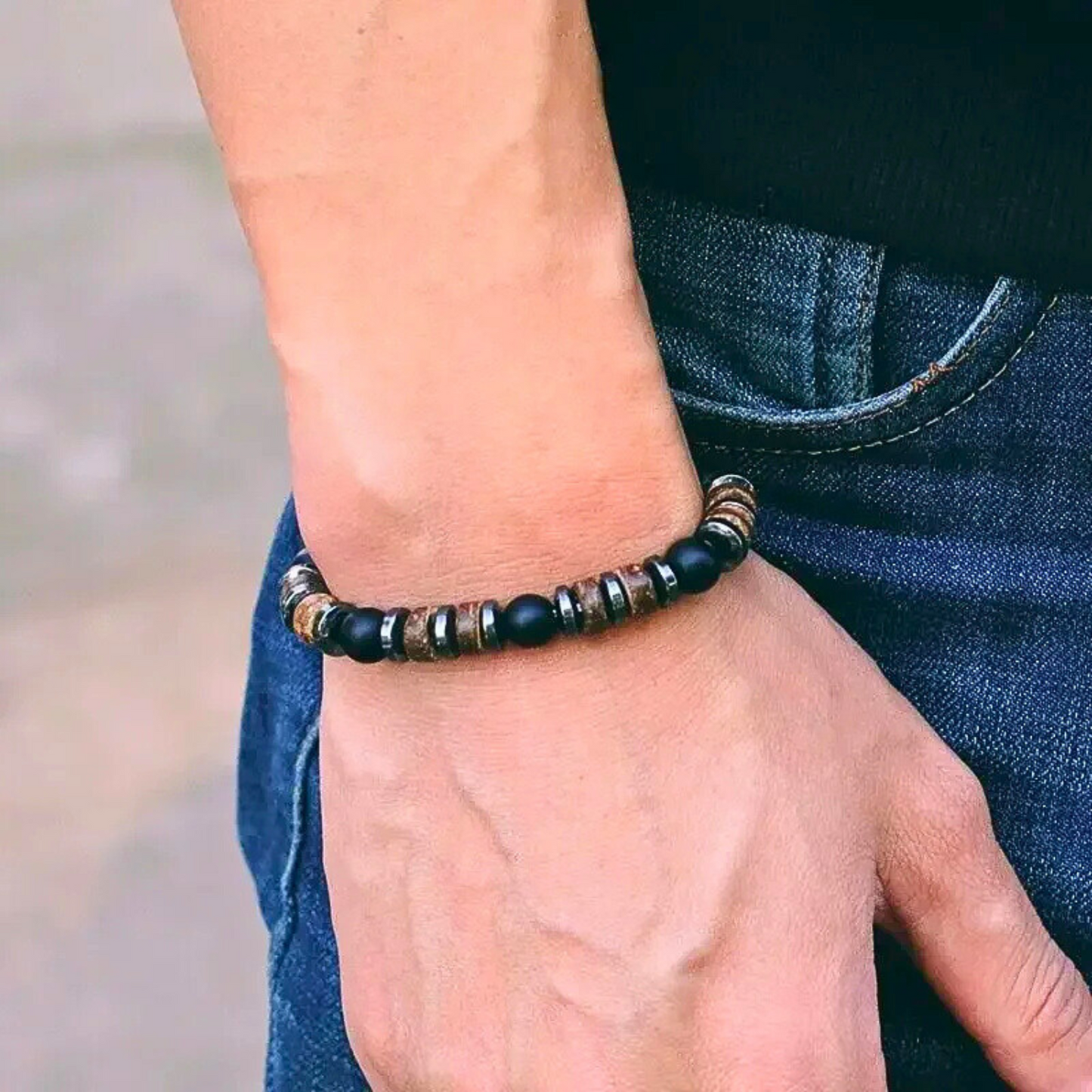 Onyx, Hematite & Wooden Handmade Bracelet