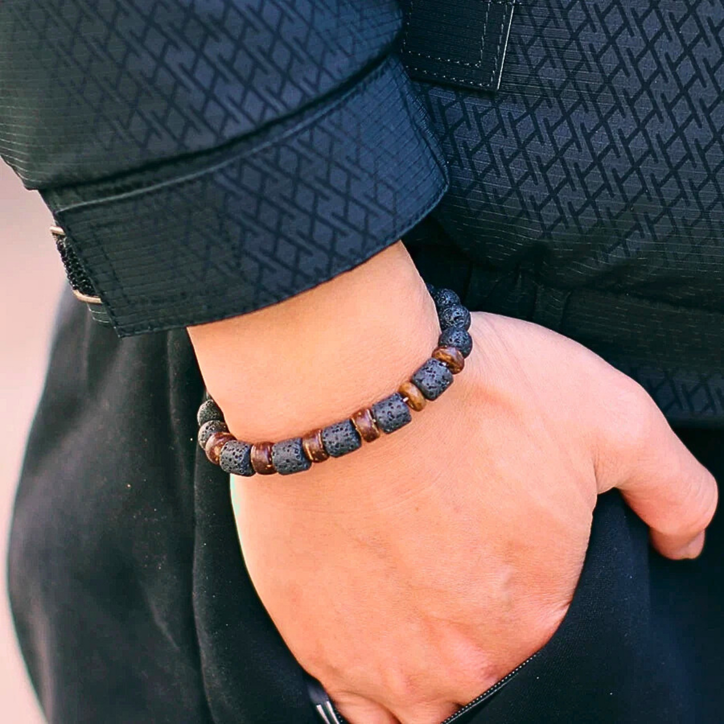 Coconut & Black Lava Beaded Bracelet