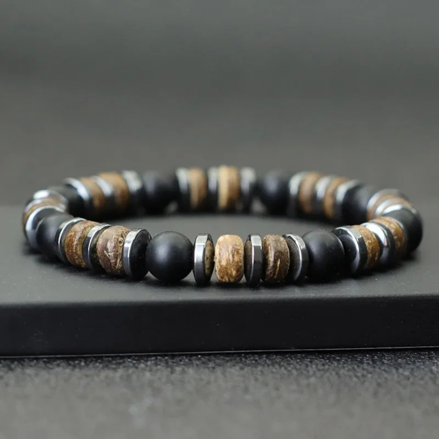 Onyx, Hematite & Wooden Handmade Bracelet