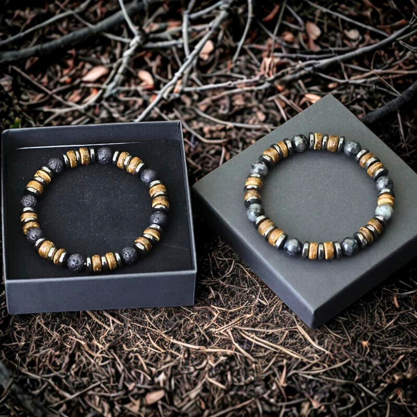 Onyx, Hematite & Wooden Handmade Bracelet