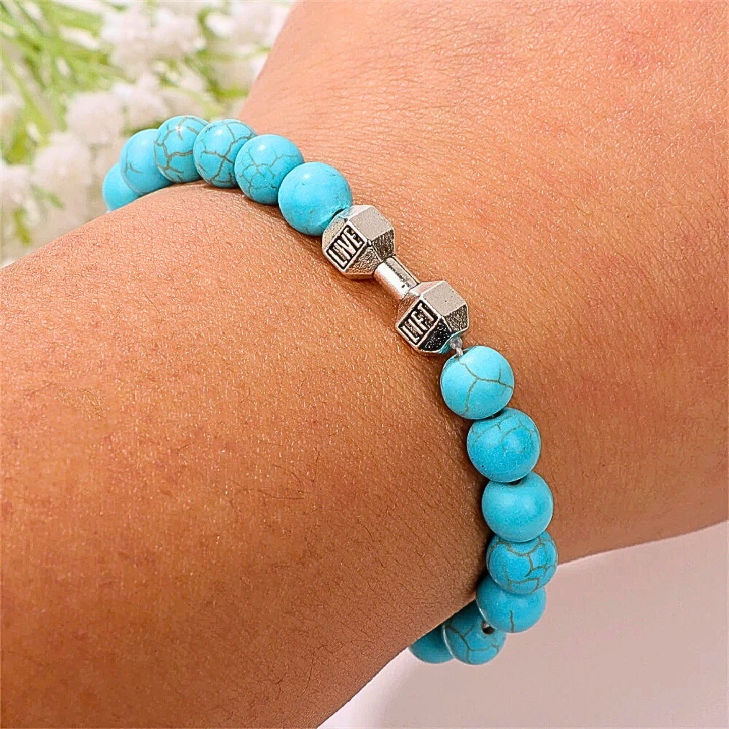 Turquoise Silver Dumbbell Charm Bracelet