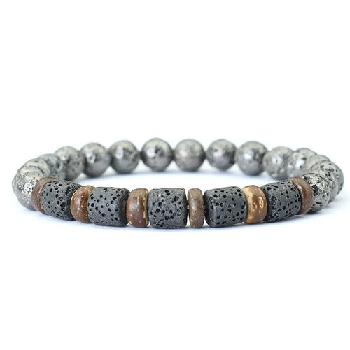 Coconut & Dark Silver Lava Beaded Bracelet
