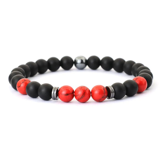 Red Howlite, Onyx & Hematite Stone Beaded Bracelet