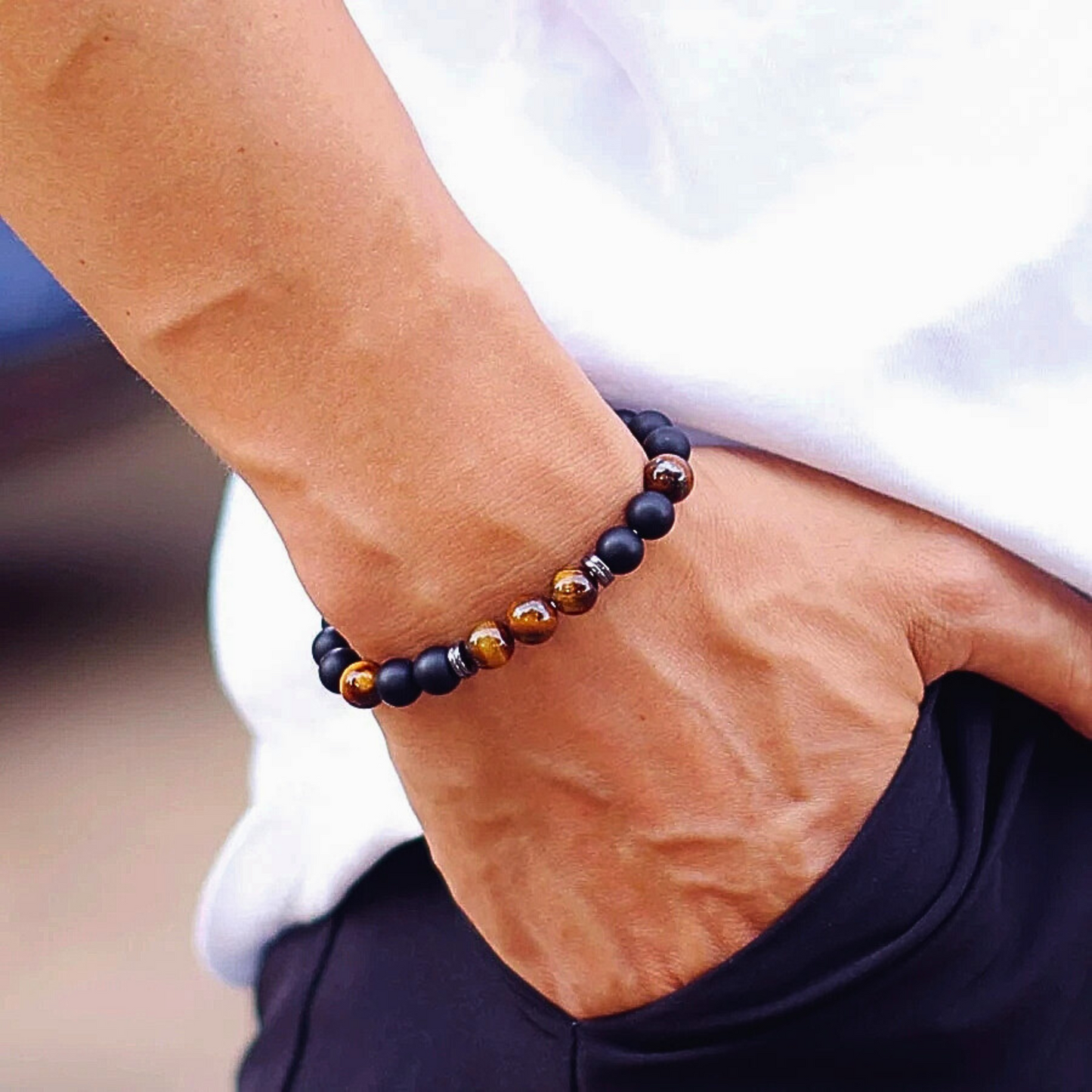 Tiger Eyes, Onyx & Hematite Stone Beaded Bracelet