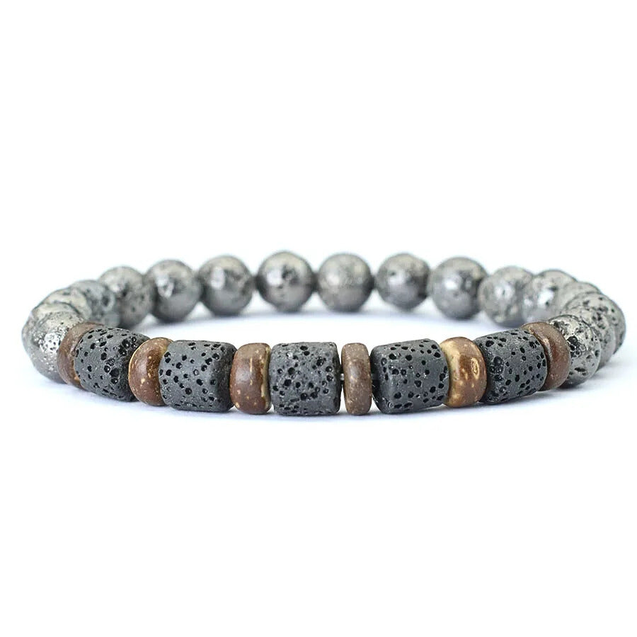 Coconut & Dark Silver Lava Beaded Bracelet