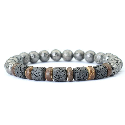 Coconut & Dark Silver Lava Beaded Bracelet